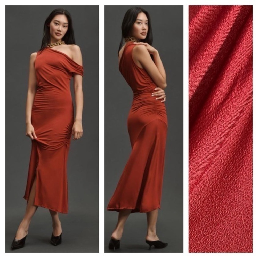 Anthropologie Rust Red Asymmetrical Slim Midi Dress Small Petite